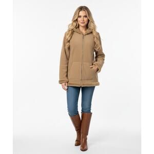 Green Tea Jacket Womens Large Tan Sand Hooded Faux Fur Lined Zip Winter Cozy